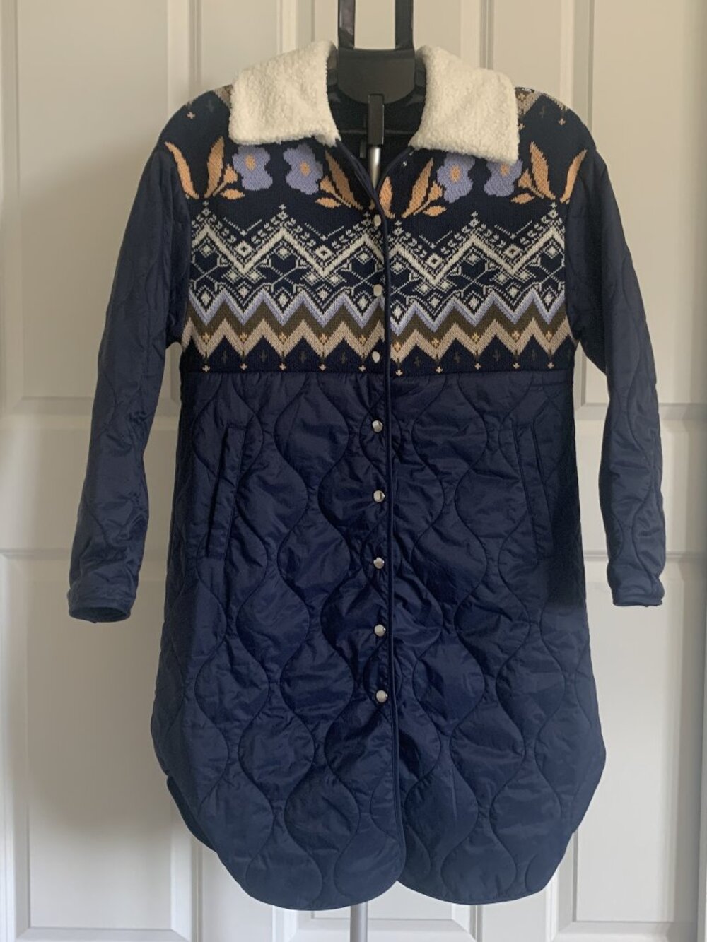Anthropologie Fairisle Mix Liner Jacket Navy Blue Quilted Sherpa Collar Floral